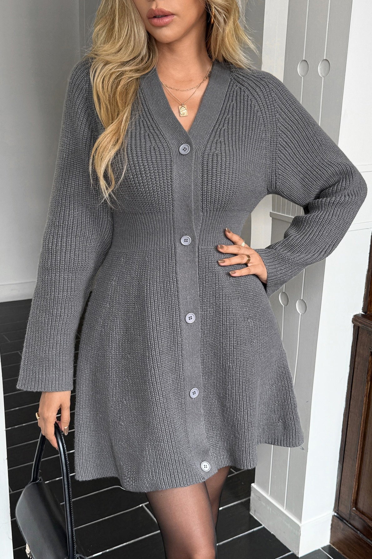 V-Neck Long Sleeve Button Front Ribbed Knit A-Line Mini Sweater Dress 7