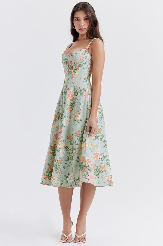Floral Print Sweetheart Corset A-Line Midi Dress