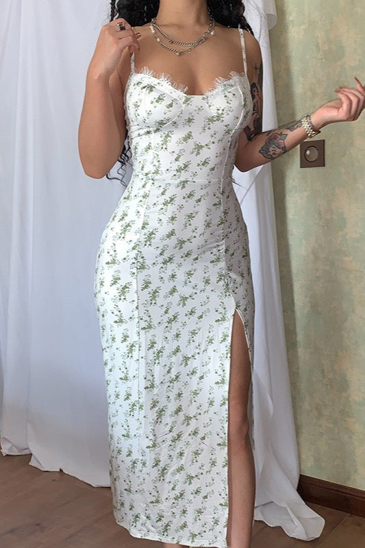 Lace Strap Slit Slim Maxi Floral Dress