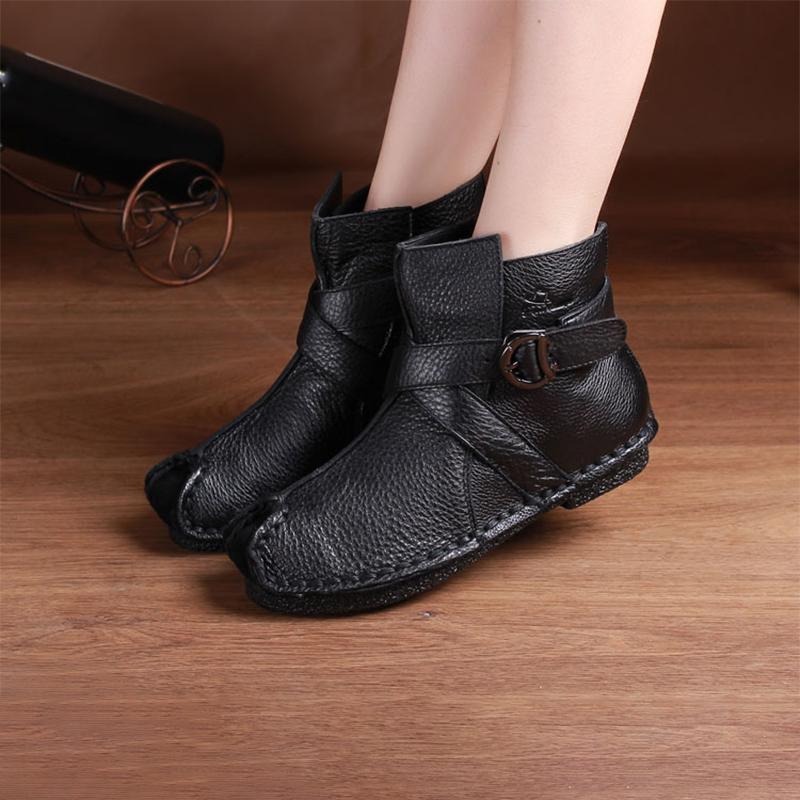 National Style Leather Short Boots For Women Buckle Decoration Green/Black/Brown