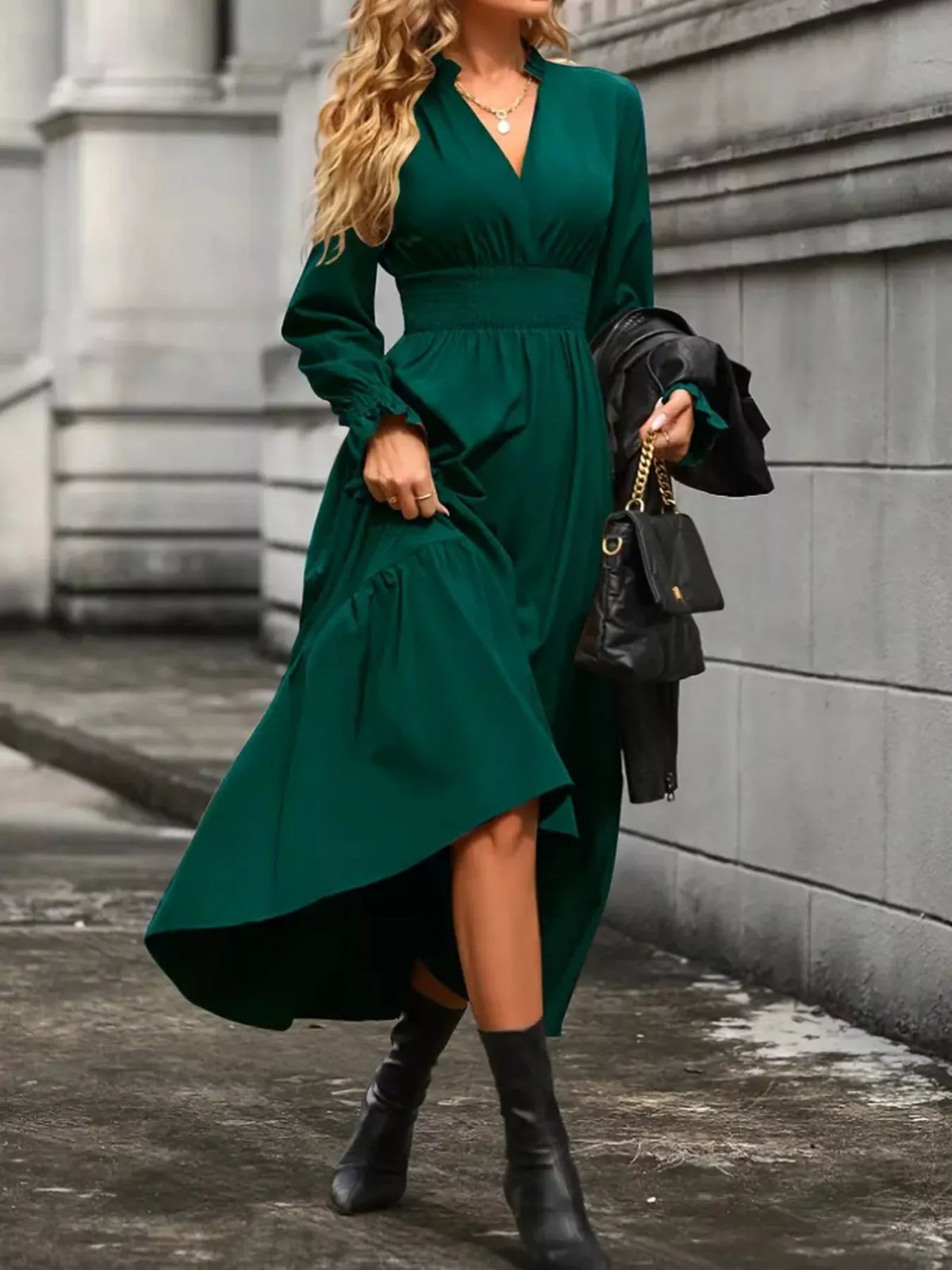 Surplice V-Neck Smocked Waist Balloon Sleeve Tiered Midi Dress 9