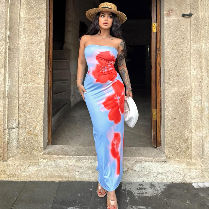 Strapless Floral Print Bodycon High Split Maxi Dress