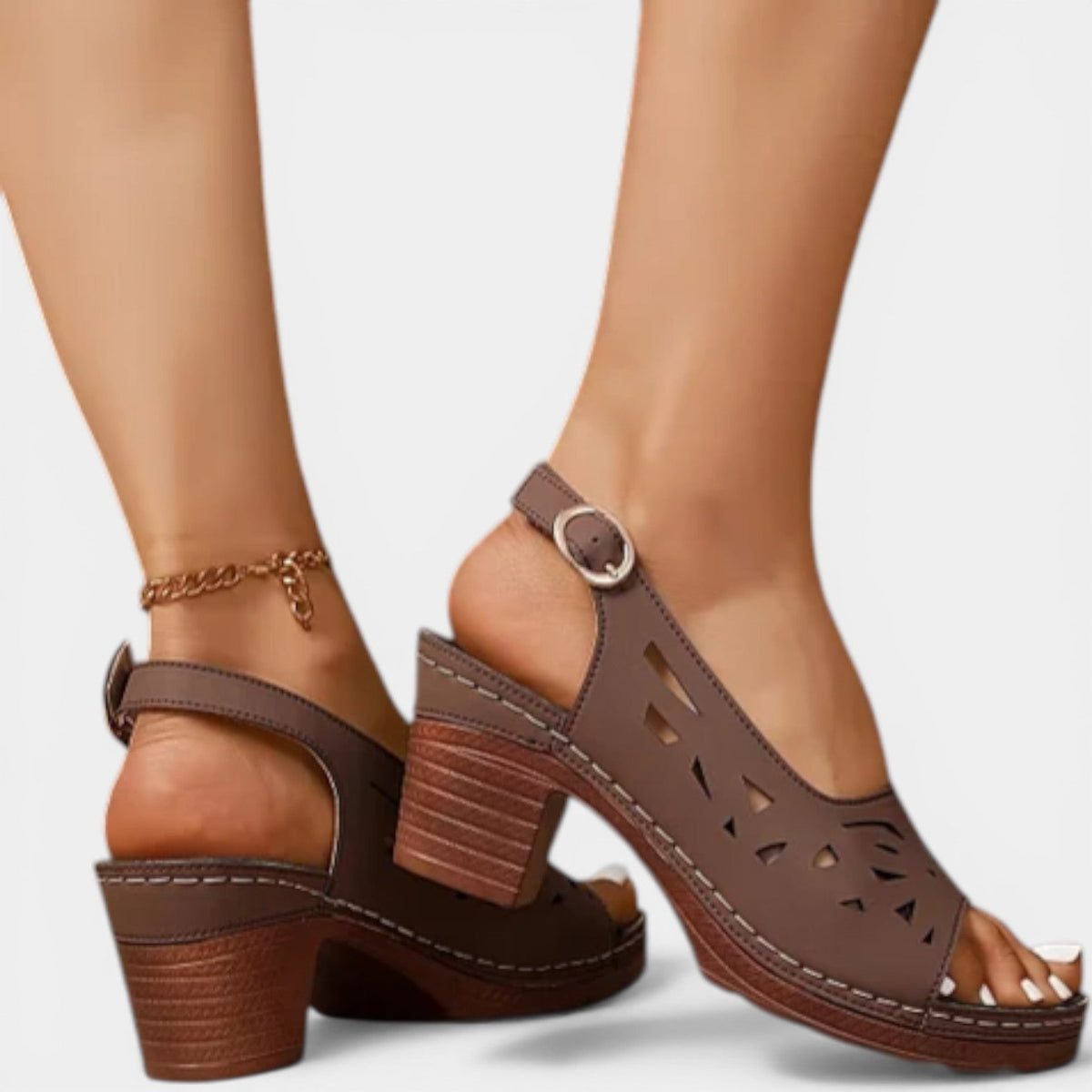 Peep Toe Laser Cut Slingback Block Heel Sandals