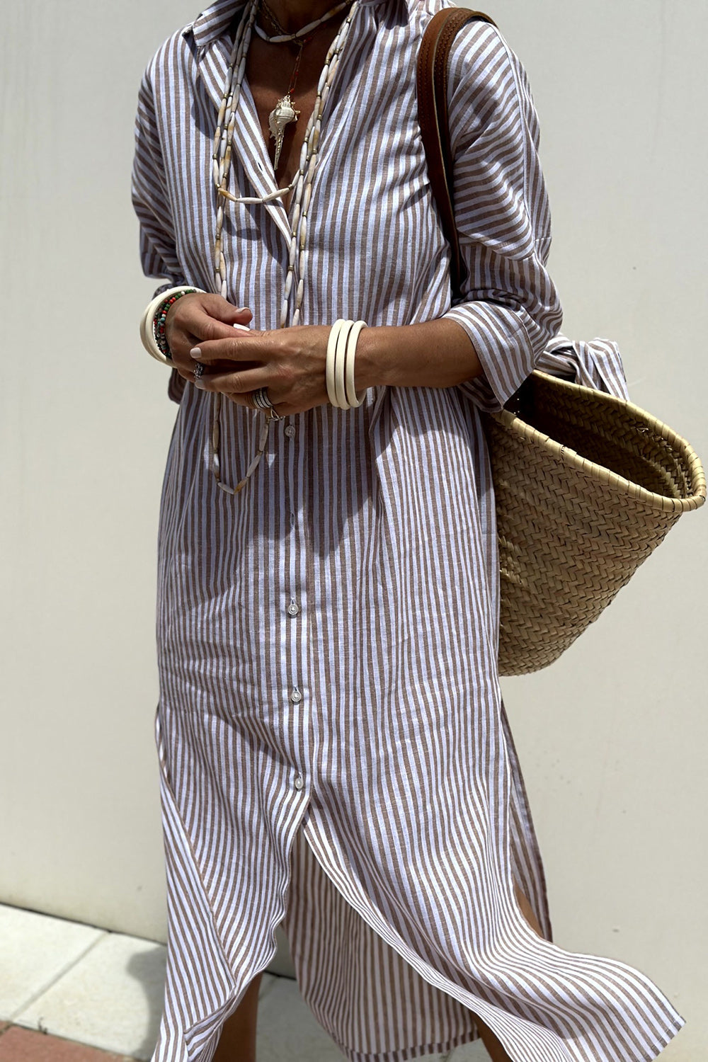 Camila | Stylish Striped Slit Shirt Dress Khaki