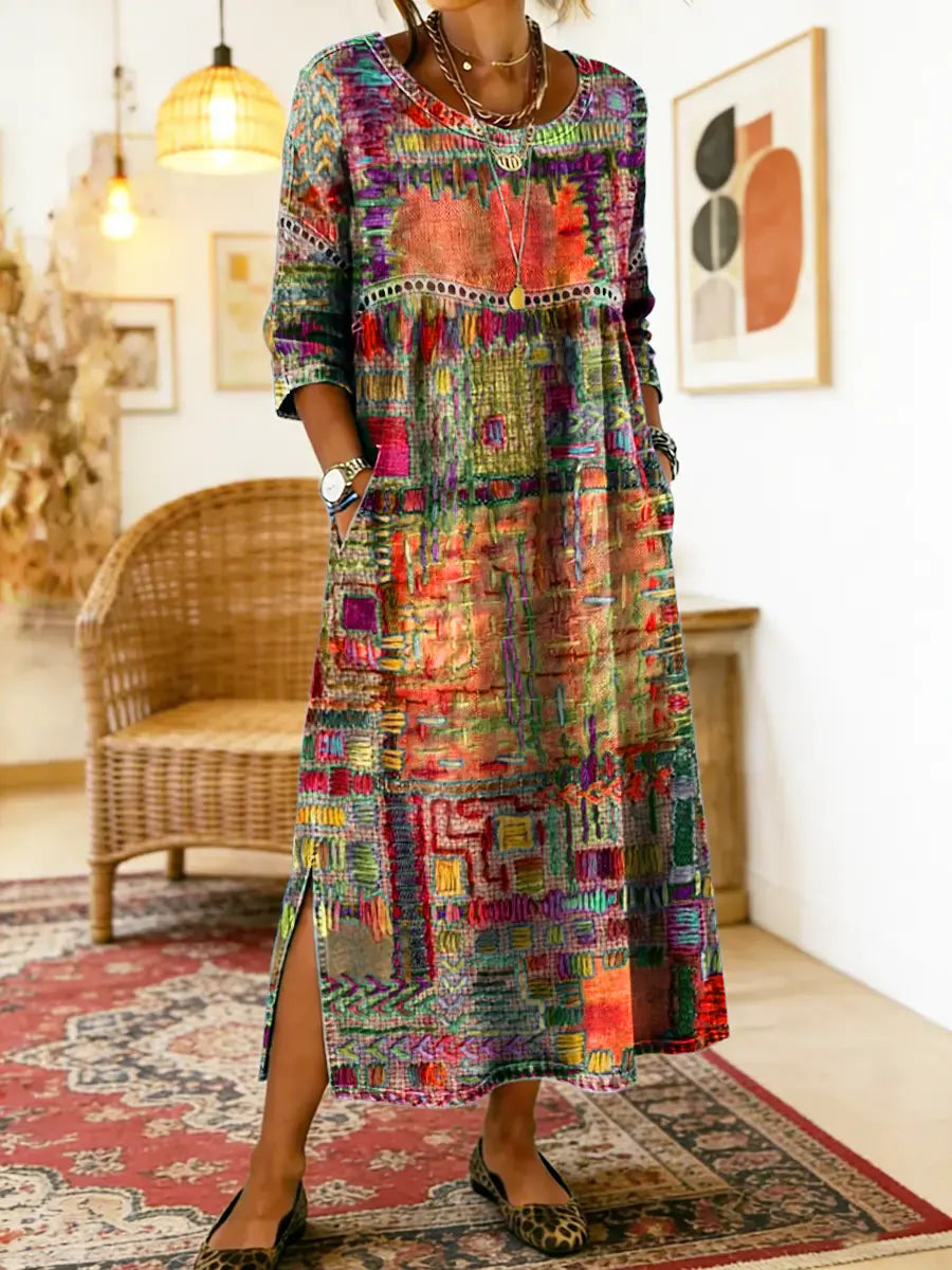 Patchwork Print Round Neck Pocket A-Line Maxi Dress