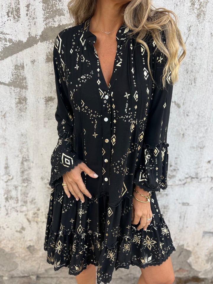 V-Neck Mandarin Collar Button Front Tiered Ruffle Lace Trim Mini Dress
