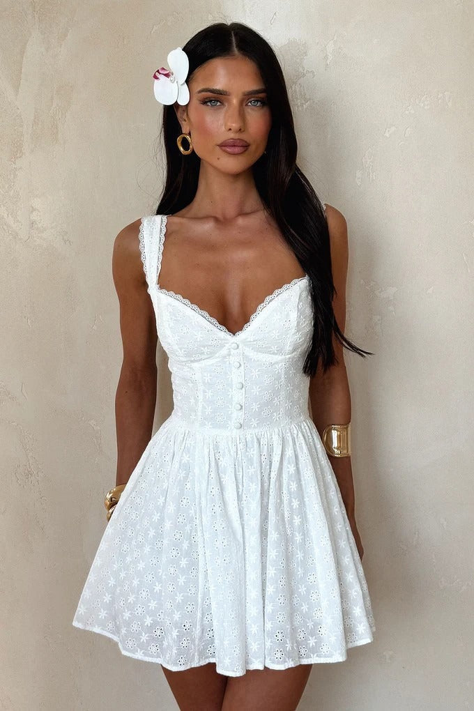 Lace Trim Printed Cami Fit Mini Lace Dress