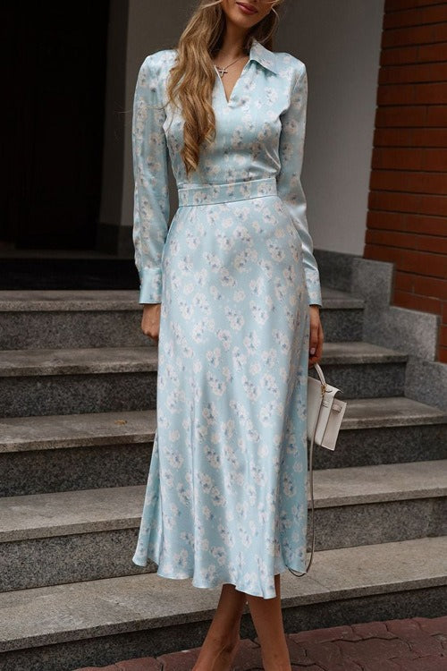 Satin Floral Print Collar Long Sleeve Belted Midi Dress