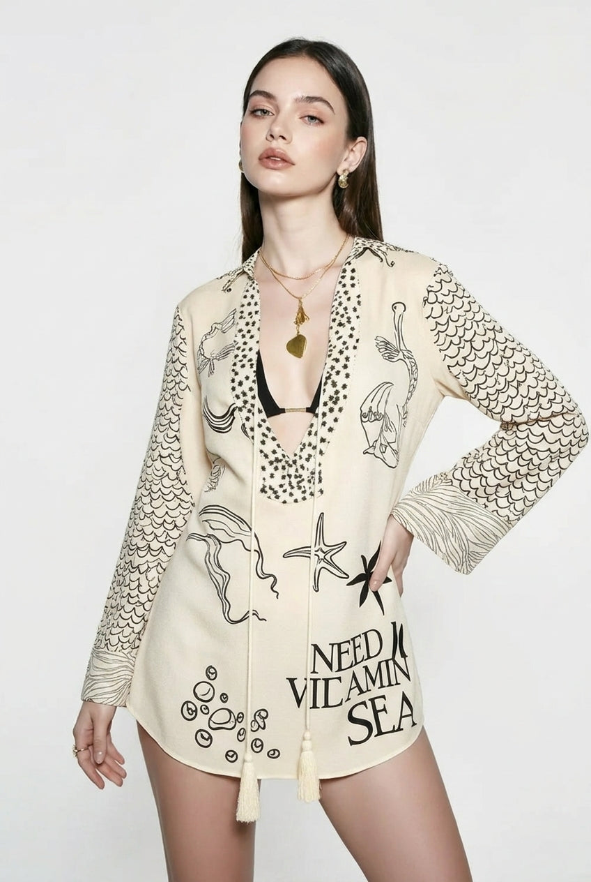 Sea Life Print Deep V-Neck Tassel Tie Long Sleeve Tunic Shirt