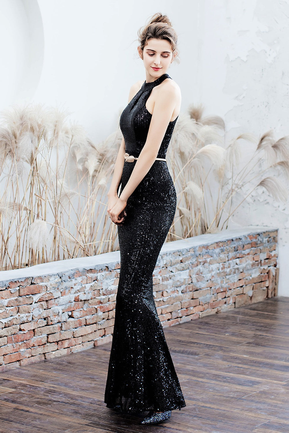 Sequin Halter Neck Keyhole Mermaid Gown - View 2