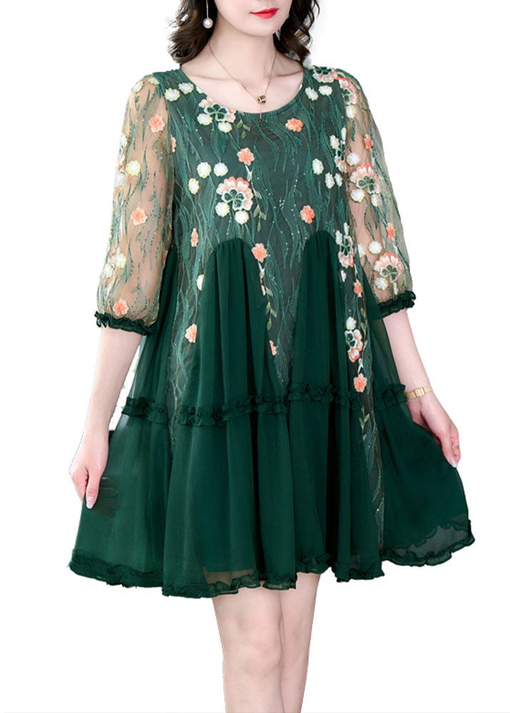 Floral Embroidered Mesh Round Neck Ruffle Cuff Tiered Pleated Mini Dress