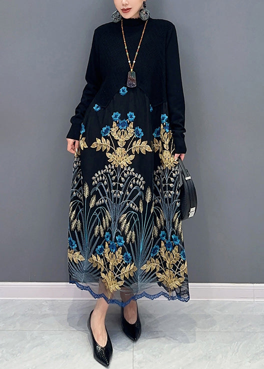 Faux Two-Piece Mock Neck Long Sleeve Floral Embroidered Mesh Scalloped Hem Maxi Dress
