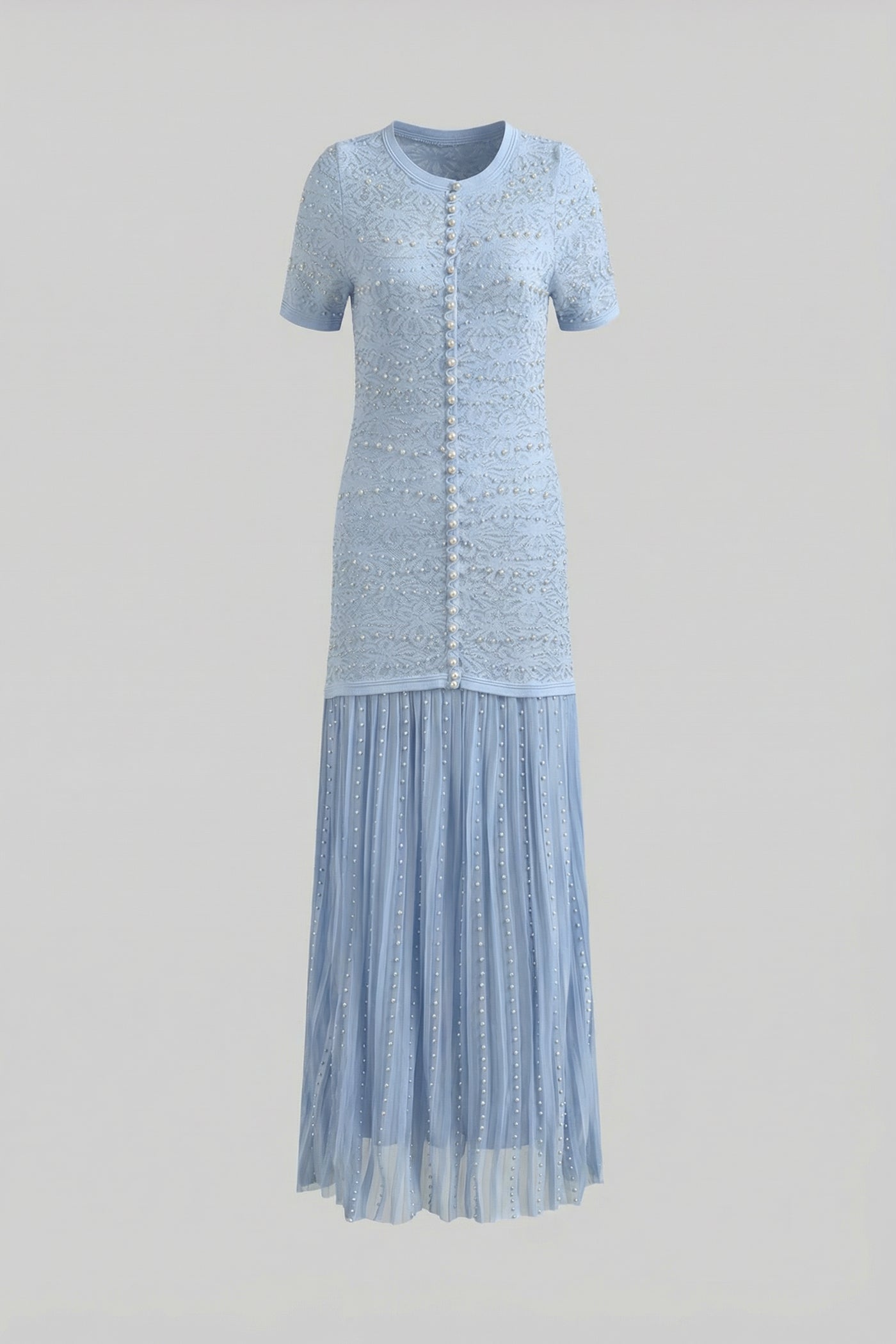 Short Sleeve Maxi Dress With Pearl Embellishments - Powder Blue