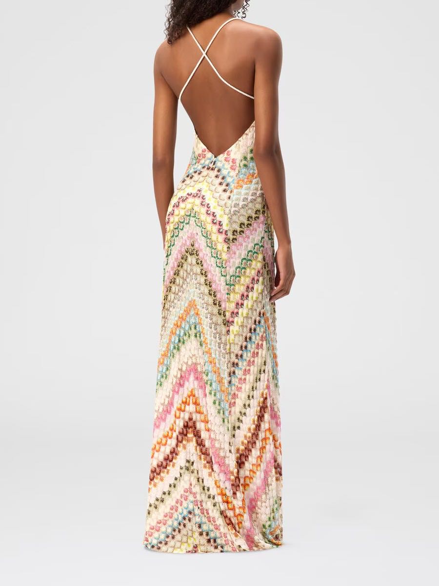 Chevron Knit V-Neck Spaghetti Strap Backless Maxi Dress 2