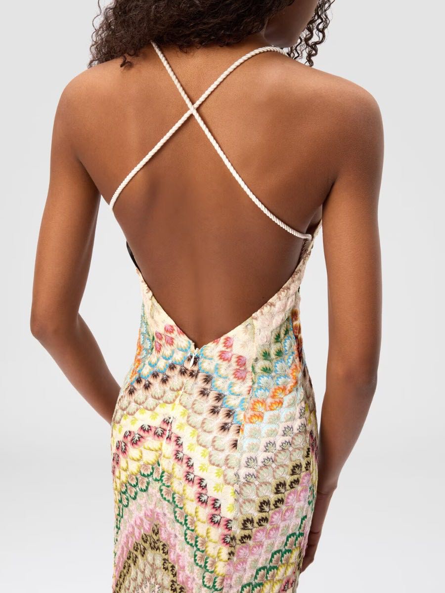 Chevron Knit V-Neck Spaghetti Strap Backless Maxi Dress 4