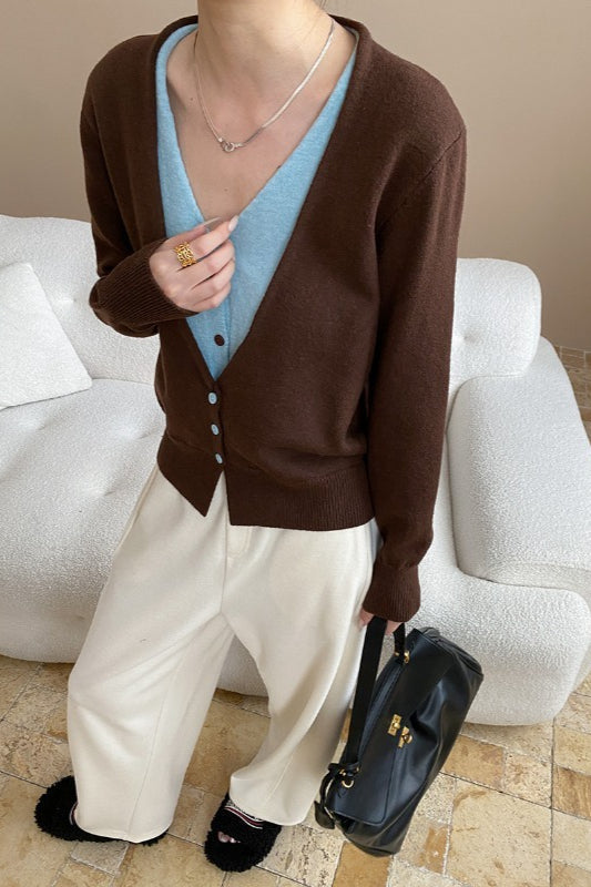 V-Neck Long Sleeve Two Tone Layered Look Button Front Knit Cardigan 2