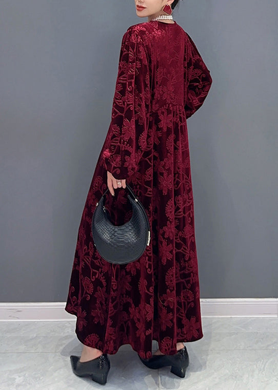 Floral Burnout Velvet Deep V-Neck Bishop Sleeve Empire Waist Maxi Dress