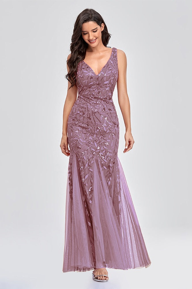 Sequin V-Neck Embroidered Mermaid Maxi Prom Dress