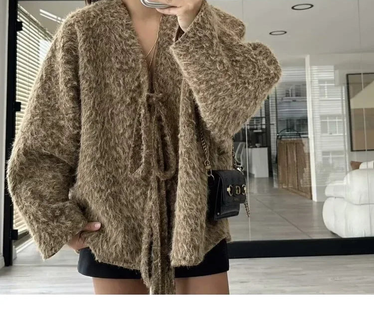 Fuzzy Knit V-Neck Tie Front Wide Sleeve Oversized Cardigan