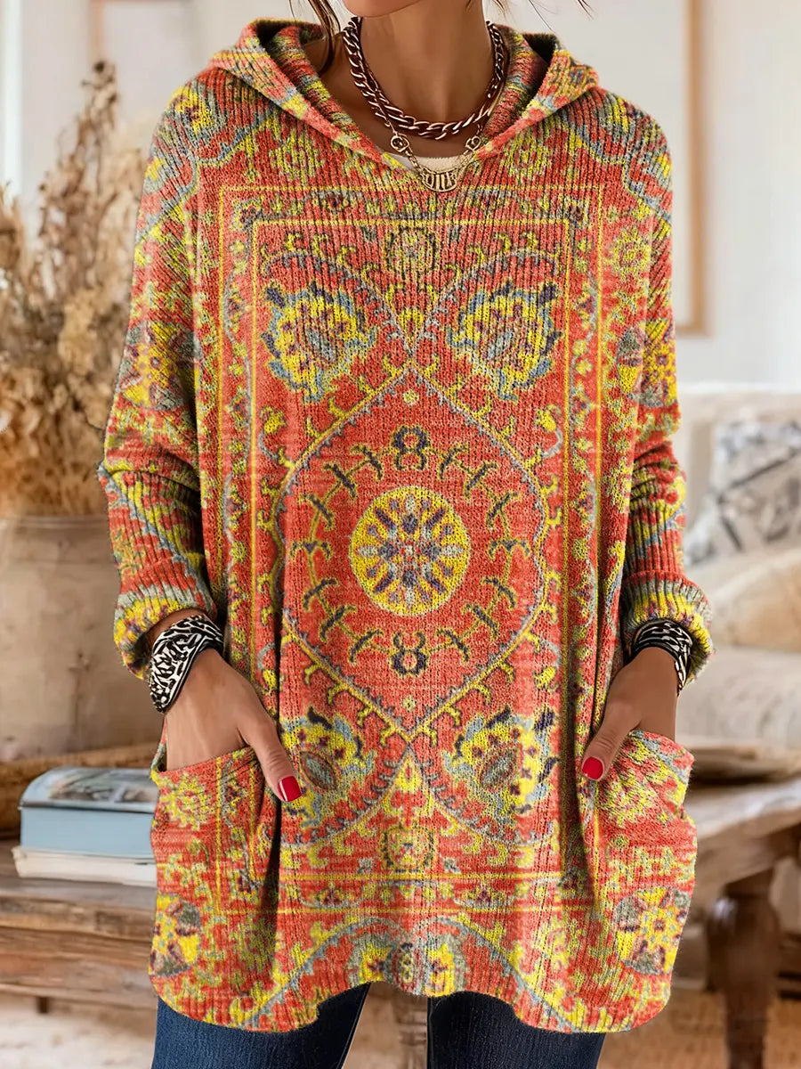 Medallion Print Hooded Oversized Tunic Sweater