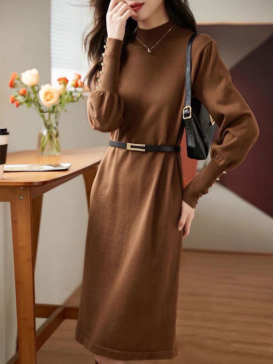 Knit Mock Neck Puff Sleeve Button Cuff Midi Dress