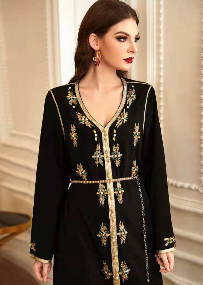 Metallic Embroidered Trim V-Neck Chain Belt Long Sleeve Maxi Gown