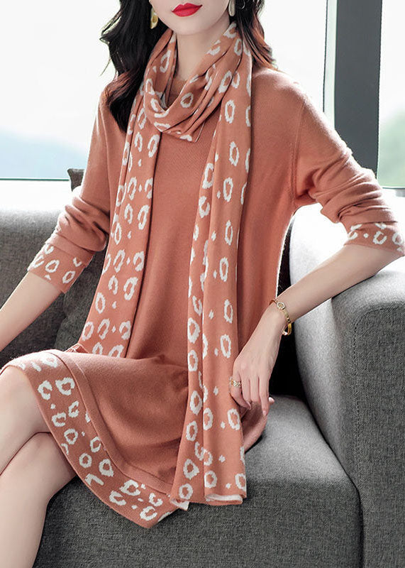 Animal Print Cuff Hem Long Sleeve Knit Dress Scarf Set