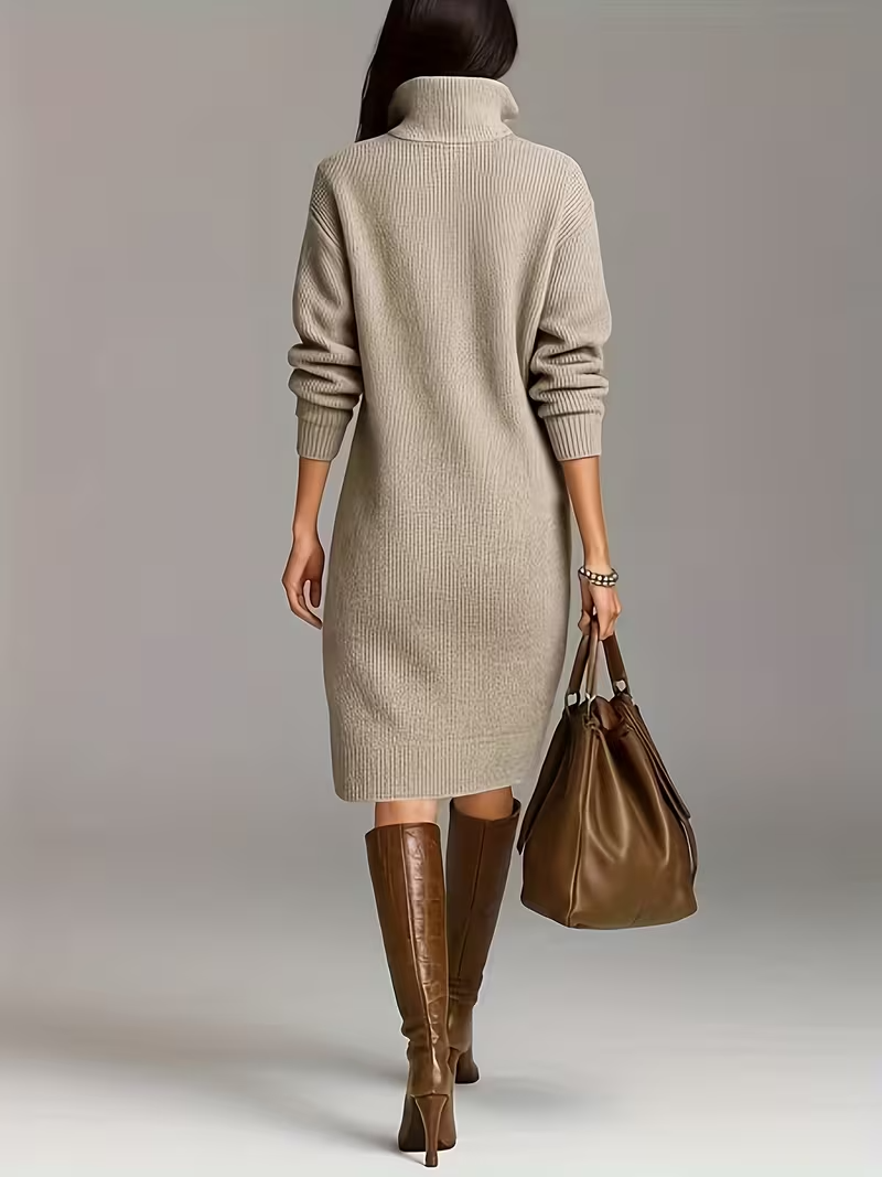 Knit High Neck Long Sleeve Button Shift Midi Dress 10