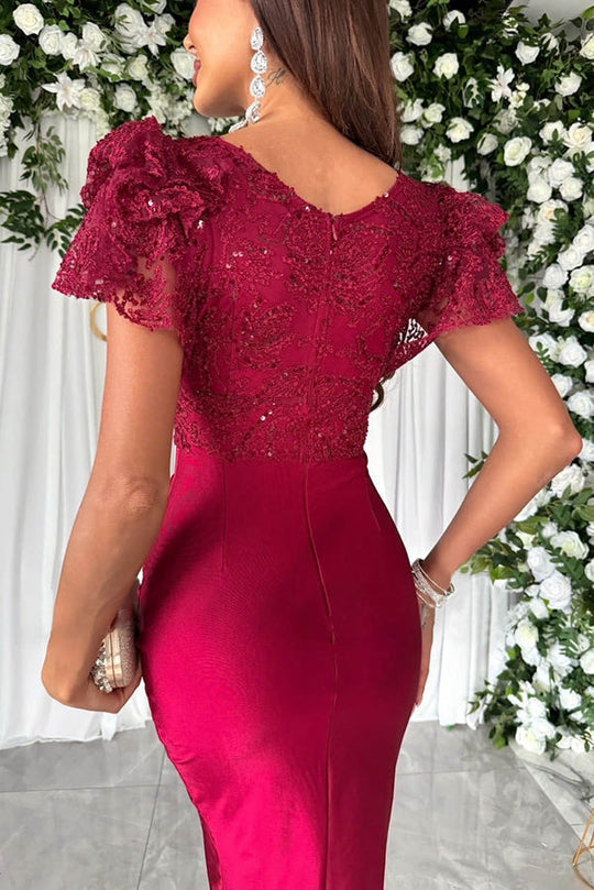Sequin Lace V-Neck Ruffle Sleeve Ruched Satin Split Midi Dress 11