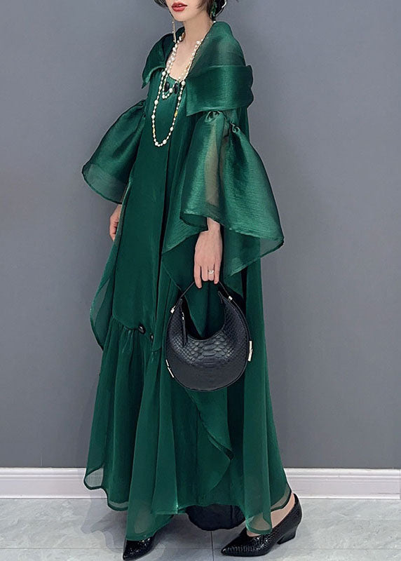 Sheer Pointed Collar Bell Sleeve Tiered Ruffle Oversized Midi Dress