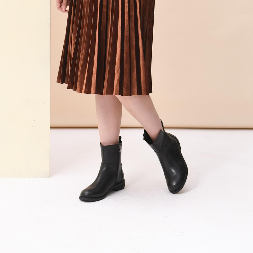 Handmade Genuine Leather Booties Round Toe Side Zip Low Heels Chic Mid-Calf Boots Black Short Plush Lining