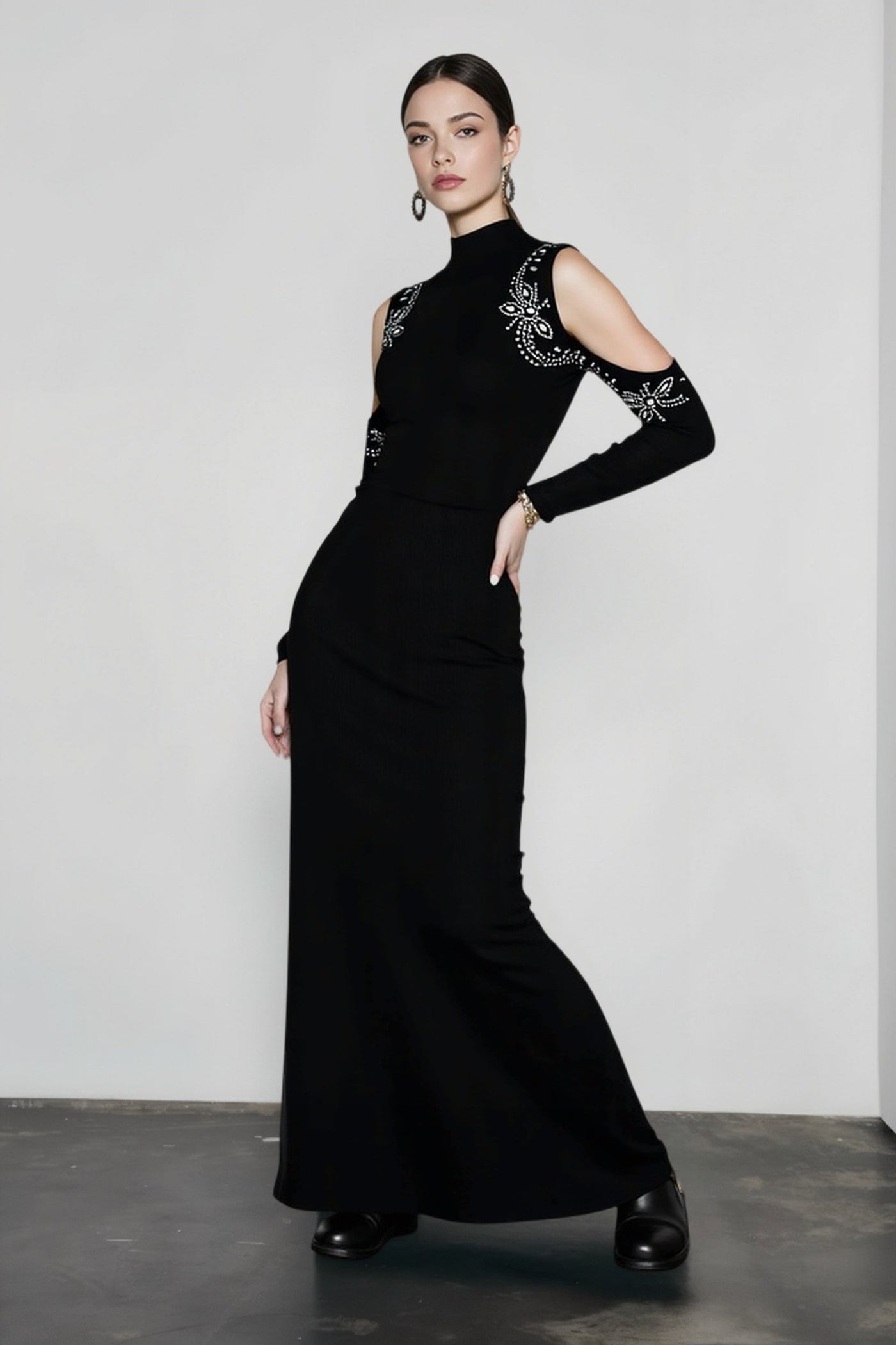 Rhinestone Off Shoulder Turtleneck Bodycon Dress