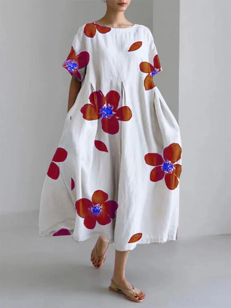 Floral Print Round Neck Short Sleeve Loose Midi Dress