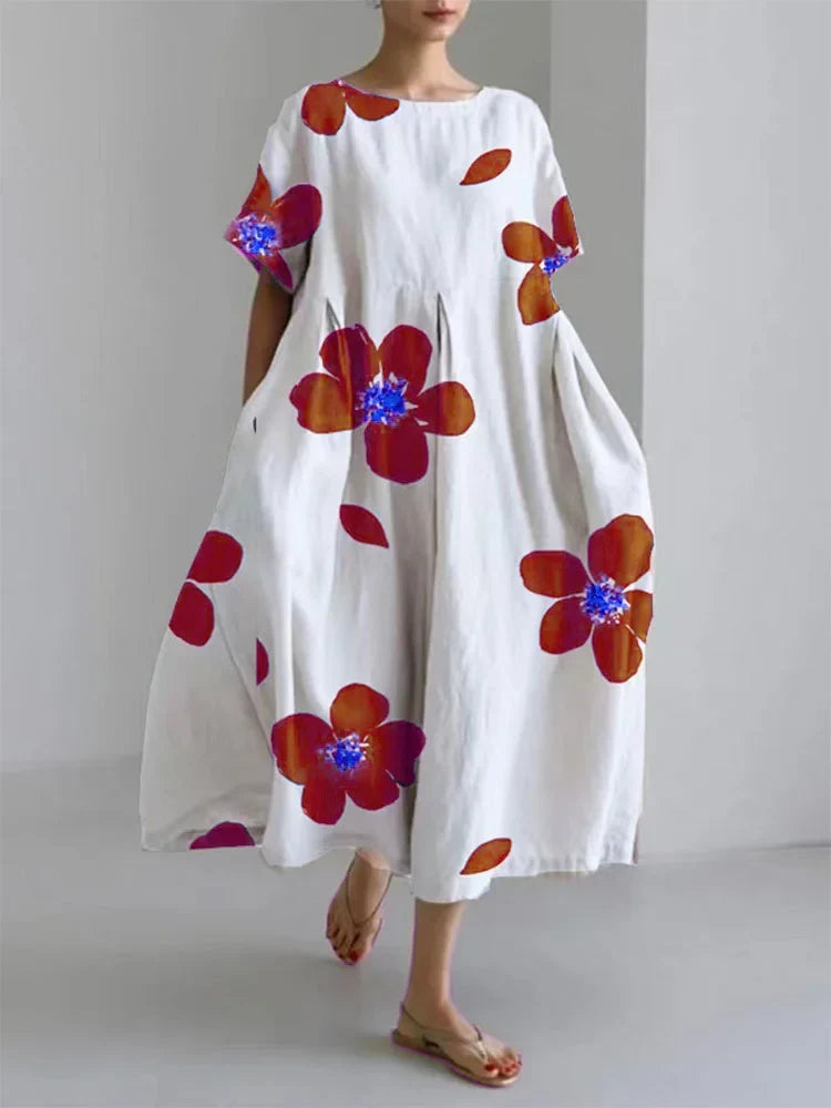 Floral Print Round Neck Short Sleeve Midi Dress