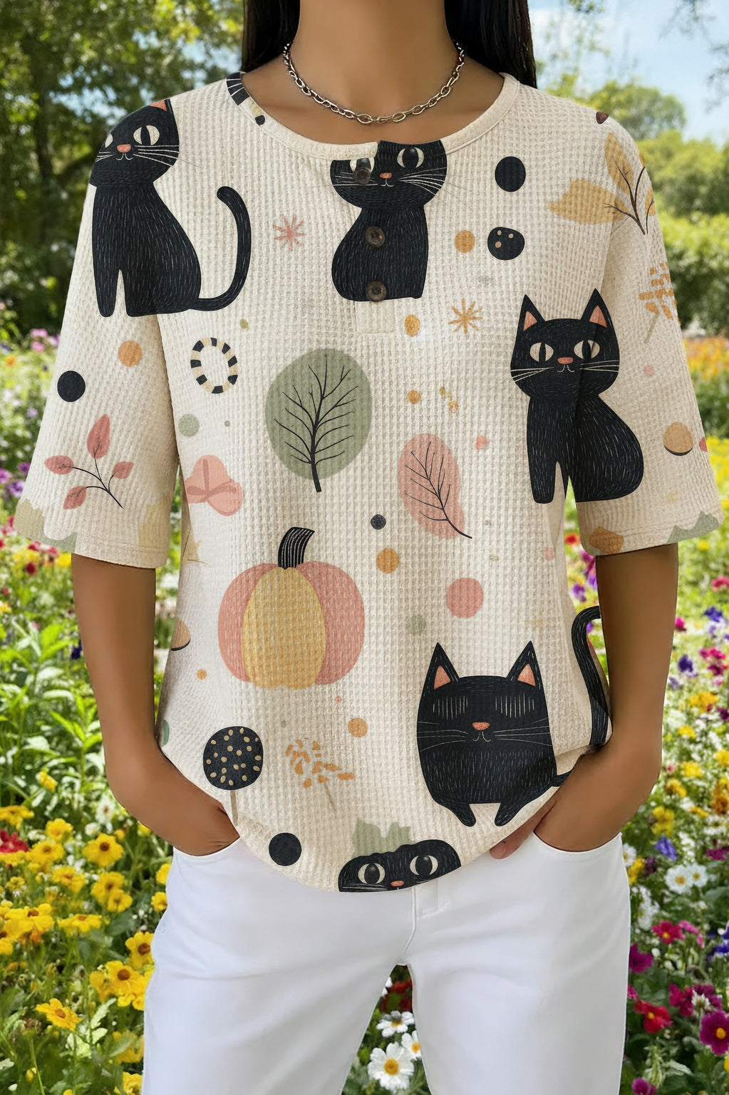 Womens White Halloween Cat Pumpkin Print Casual Shirt