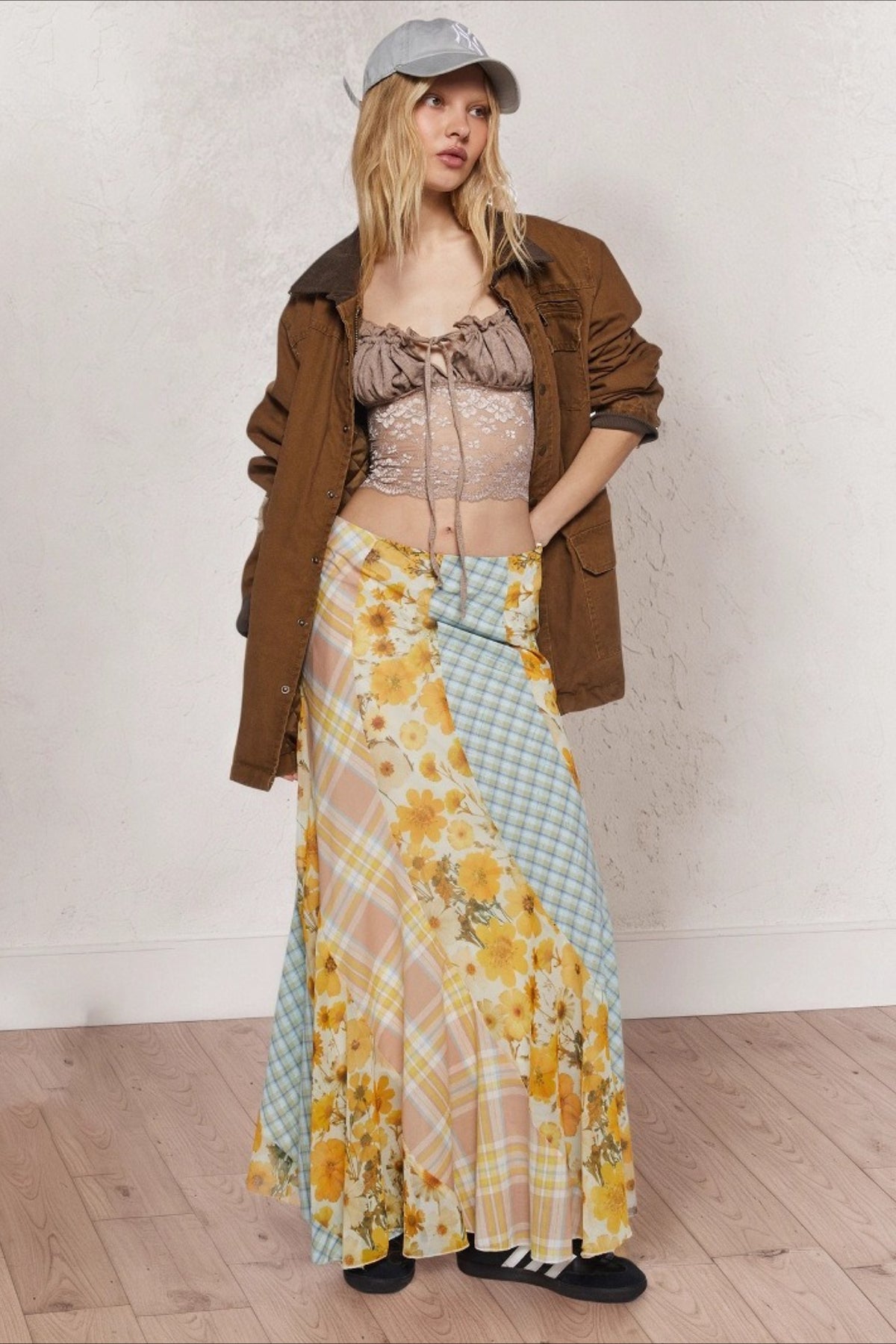 Floral Plaid Patchwork Low Waist Mermaid Maxi Skirt