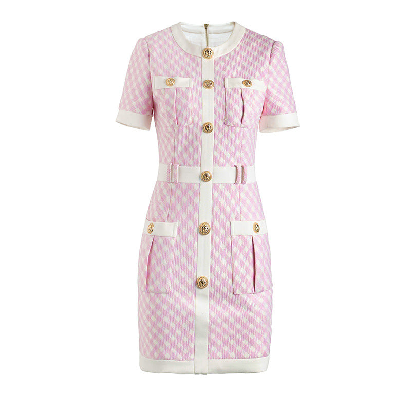 Gingham Short Sleeve Contrast Trim Belted Button Front Pocket Mini Dress 14