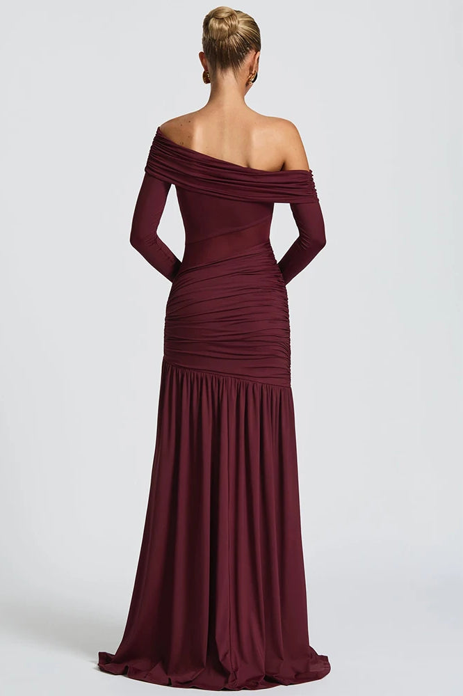 Off-Shoulder Long Sleeve Backless Thigh Split Maxi Dress