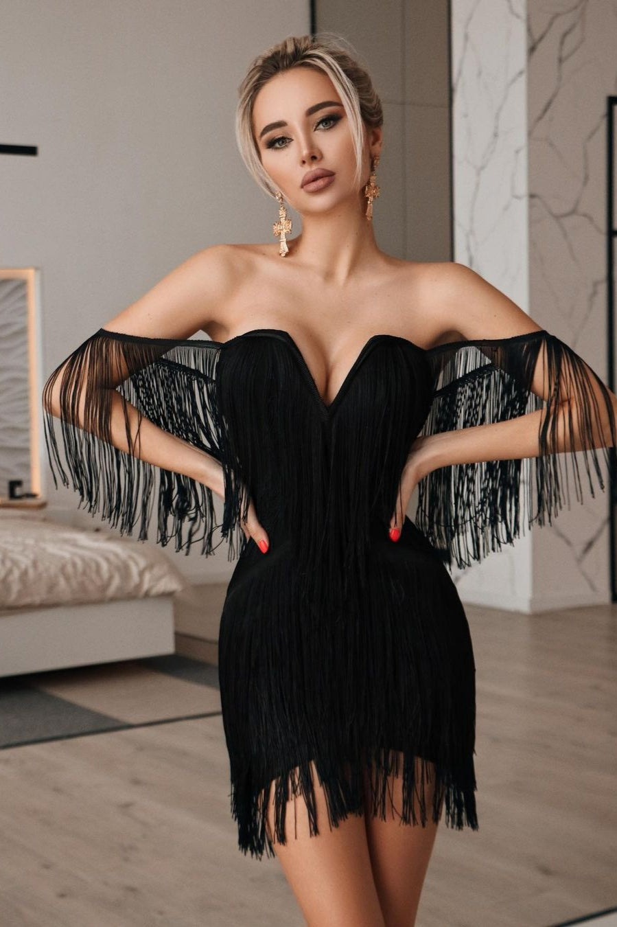 Fringe Tassel Off Shoulder Plunging V-Neck Bodycon Mini Cocktail Dress 3