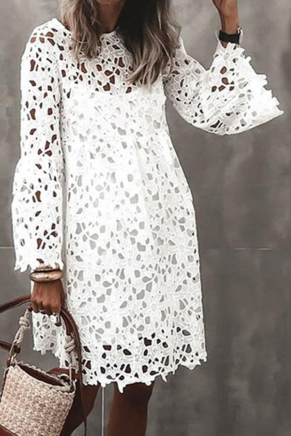Floral Crochet Lace Bell Sleeve Mini Dress - View 3