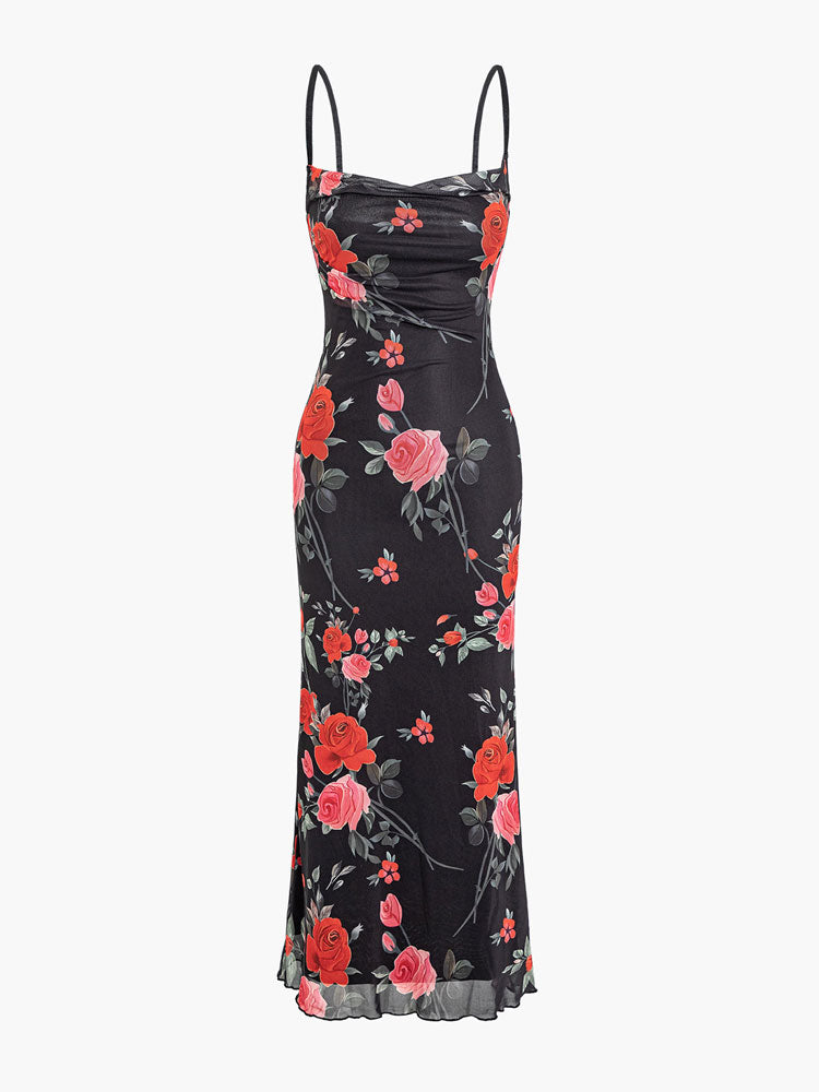 Rose Floral Print Mesh Cowl Neck Spaghetti Strap Maxi Dress 3