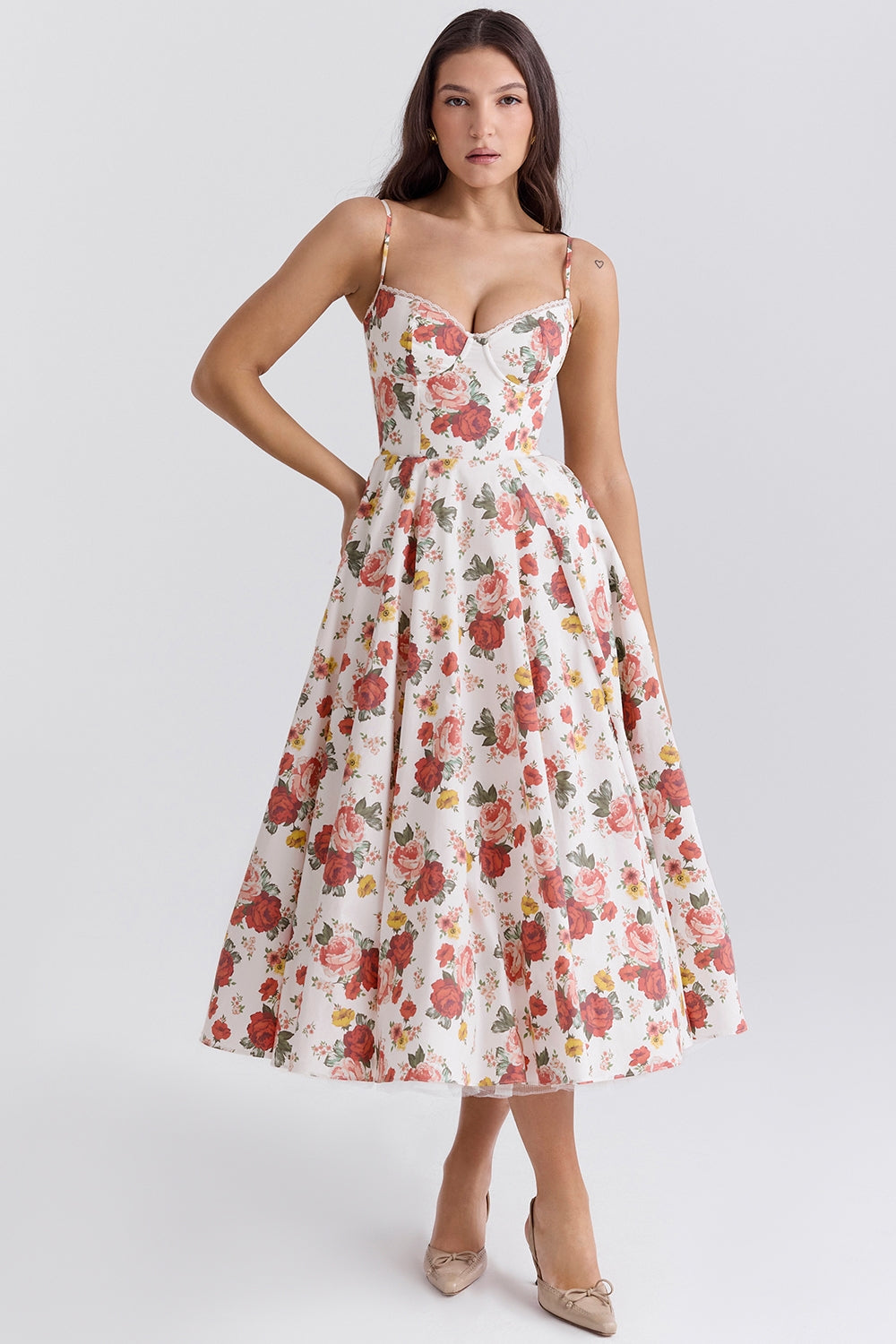Rose Print Sweetheart Corset Bodice Tulle Underlay Midi Dress 3