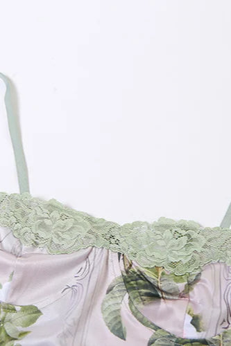 Floral Print Satin Lace Trim Bustier Bodycon Midi Dress