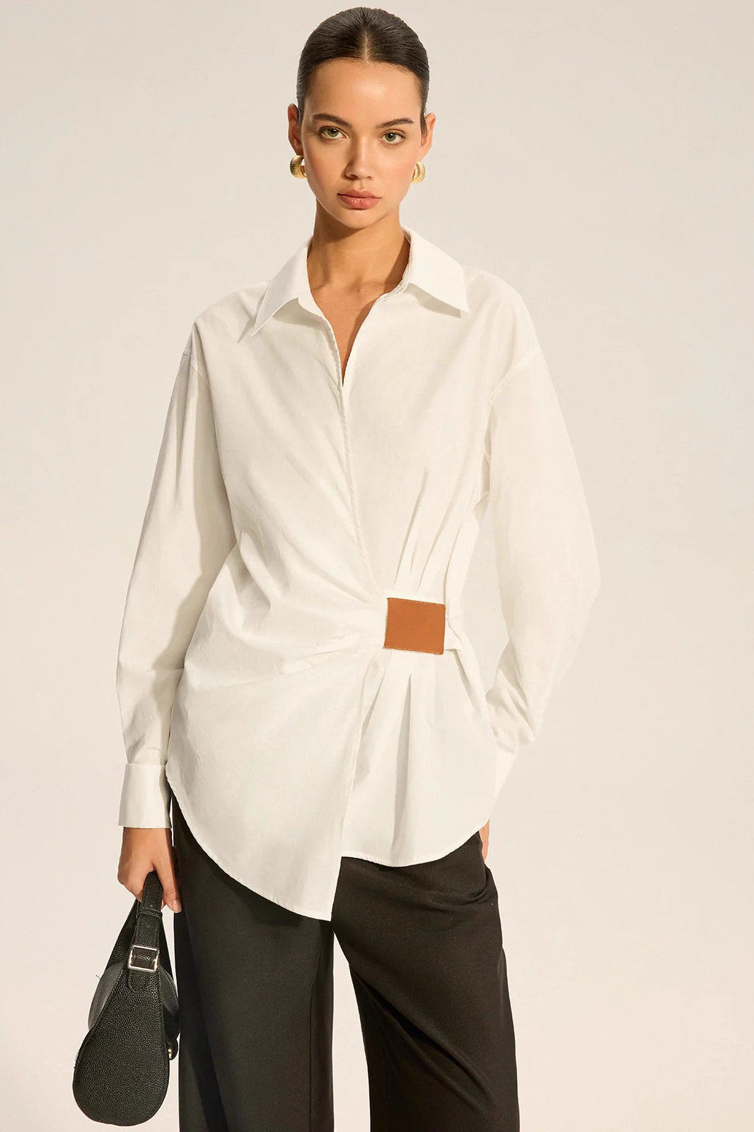 Faux Leather Panel Ruched Collared Slim Versatile Blouse