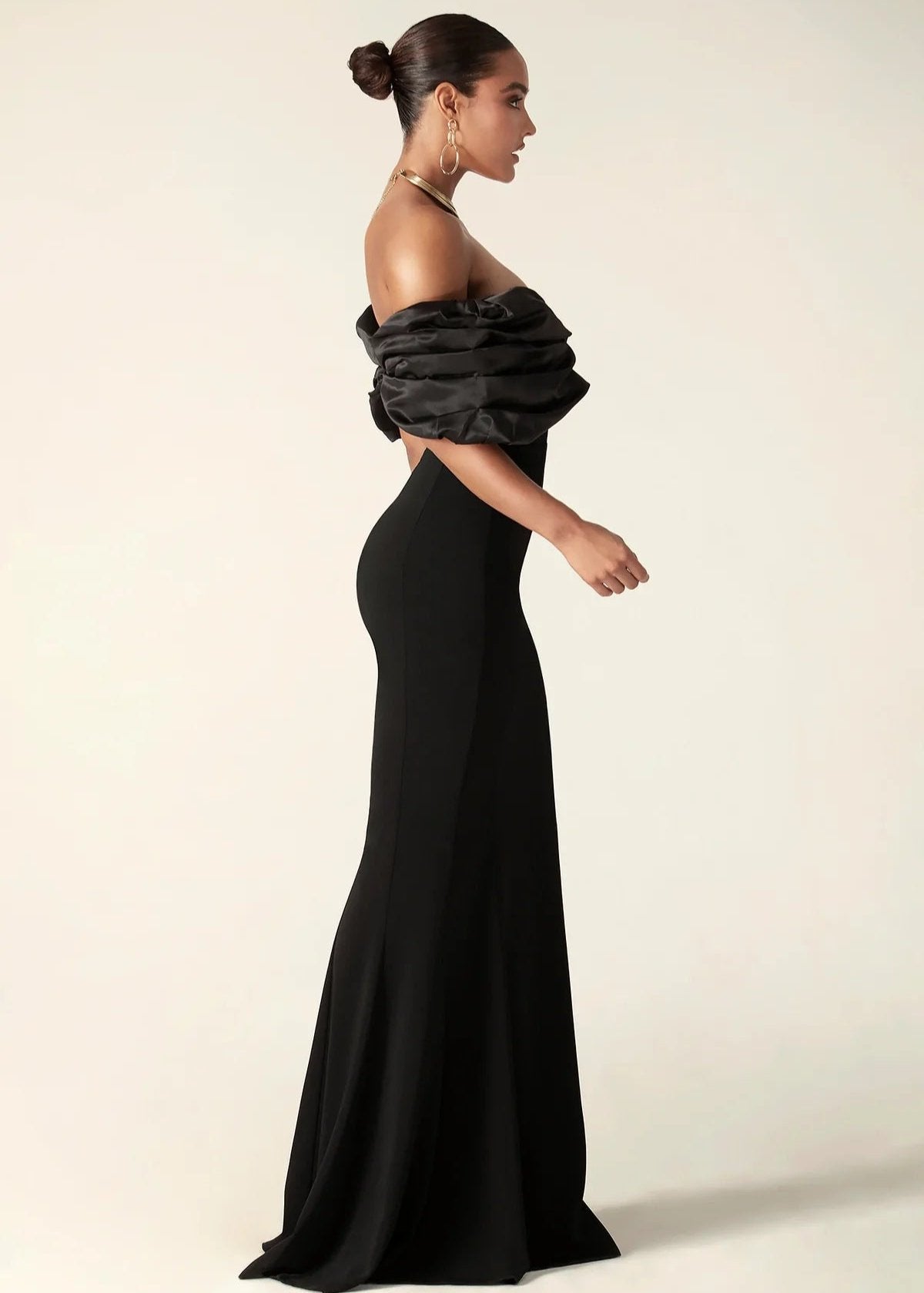 Satin Off Shoulder Sweetheart Ruffle Bodice High Split Column Maxi Gown