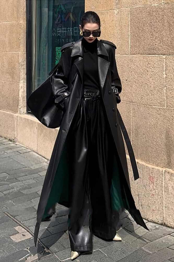 Layered PU Leather WaistCinching Long Overcoat