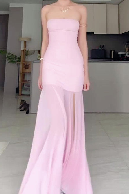 Strapless Sheer High Split Bodycon Maxi Dress - View 7