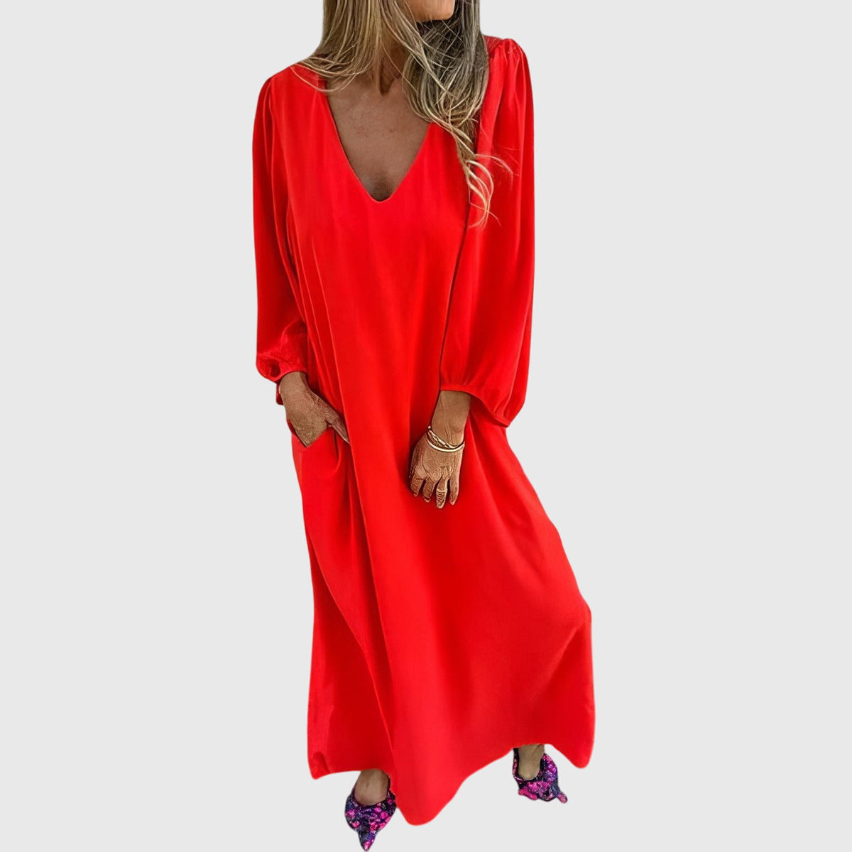 Satin V-Neck Lantern Sleeve Side Split Maxi Dress