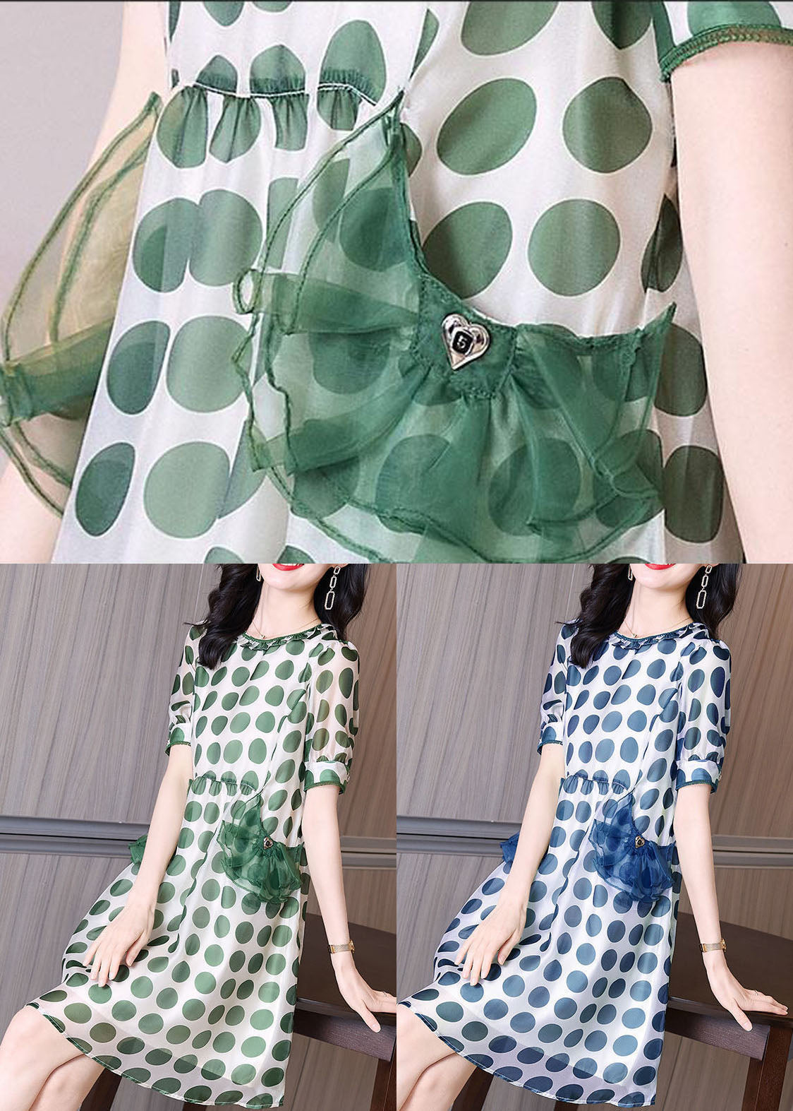 Polka Dot Ruffle Collar Short Puff Sleeve Ruffle Pocket A-Line Mini Dress