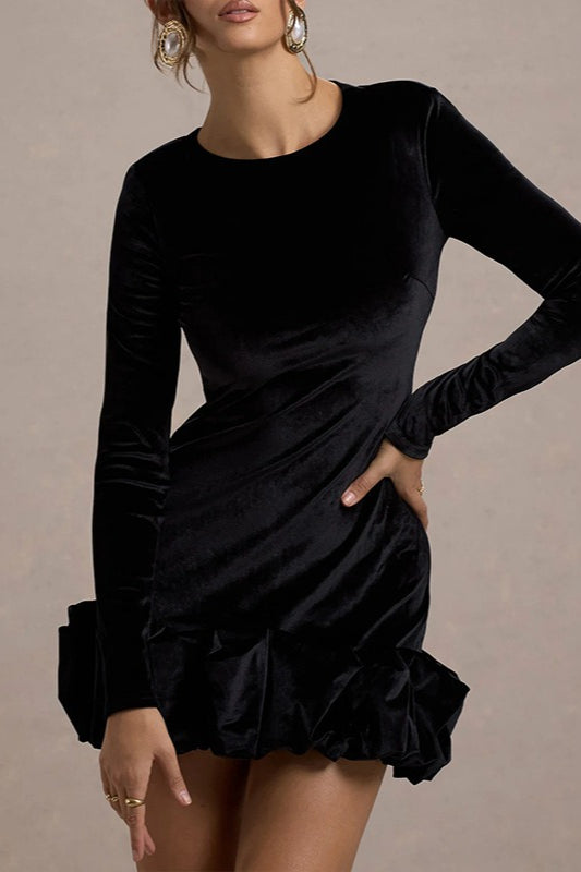 Luxe Velvet Crew Neck Pleated Long Sleeve Mini Dress - View 7